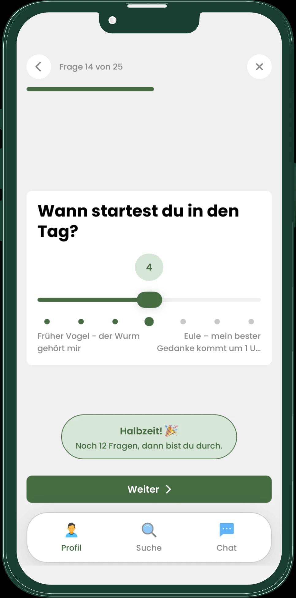 Persönliches Livo Match Profil mit einer Frage zum Tagesrhythmus