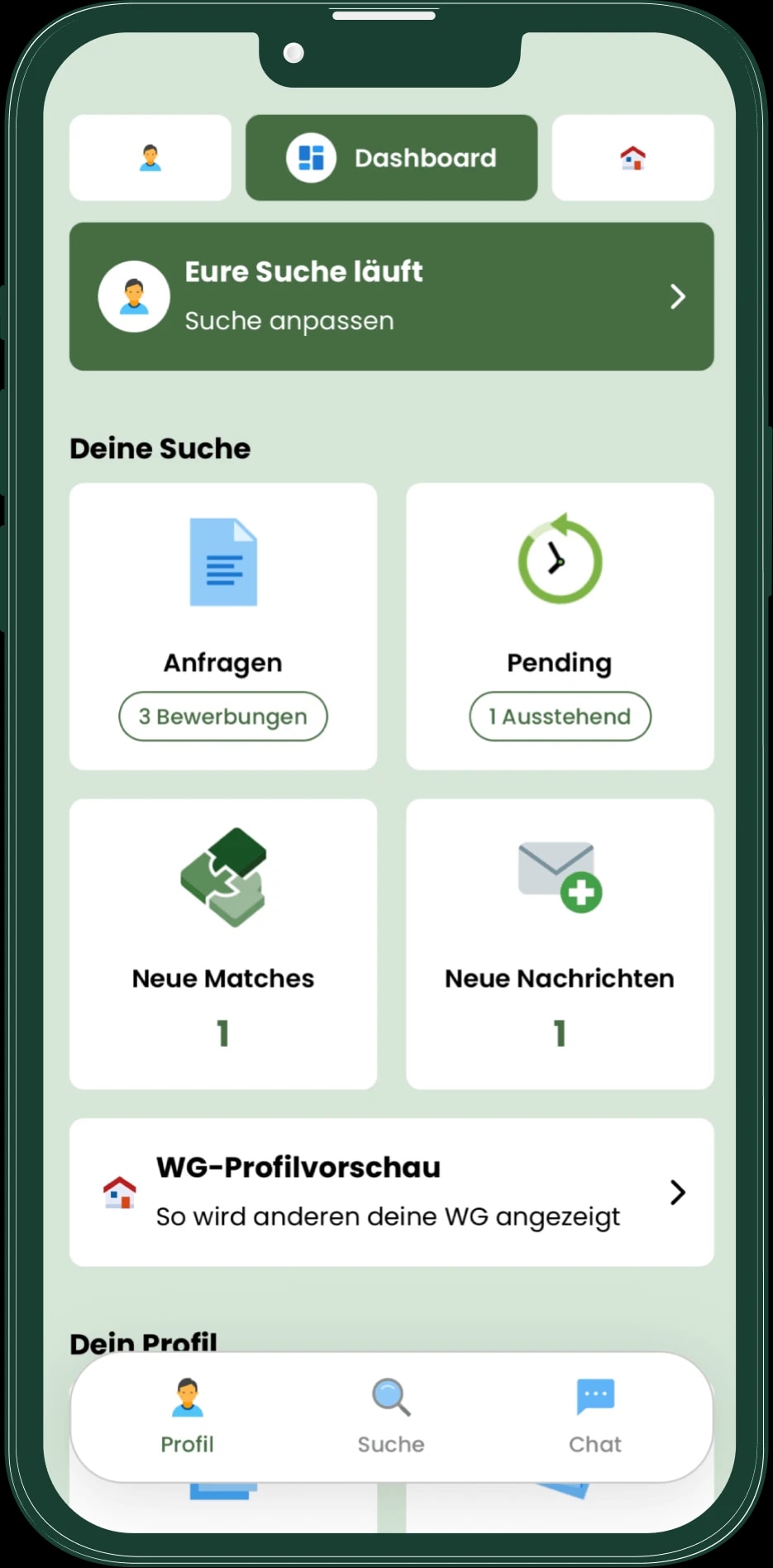 Livo Match Dashboard mit aktuellen Bewerbungen, Matches und Nachrichten