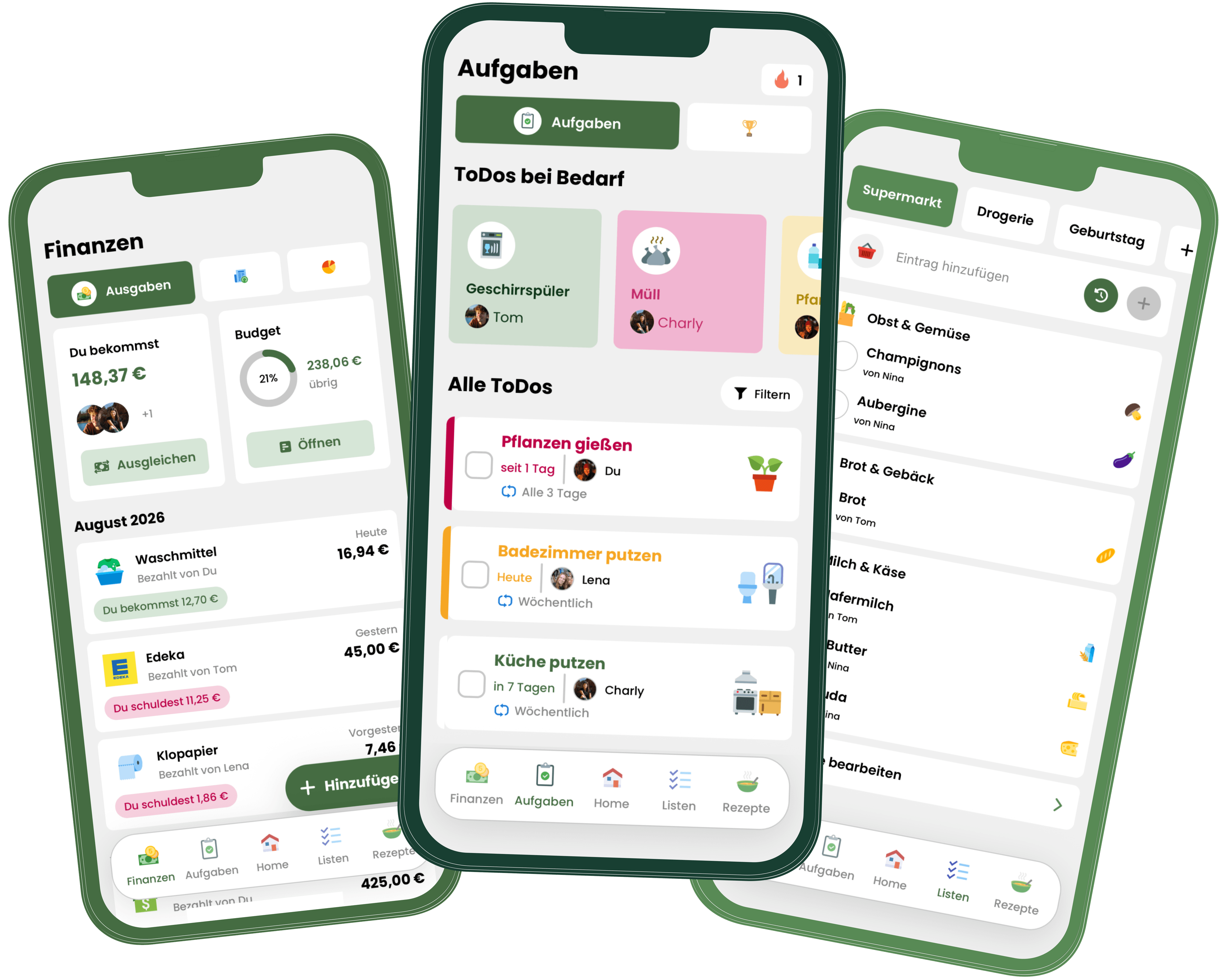Drei Livo App-Ansichten für Finanzen, Aufgaben und Einkaufslisten