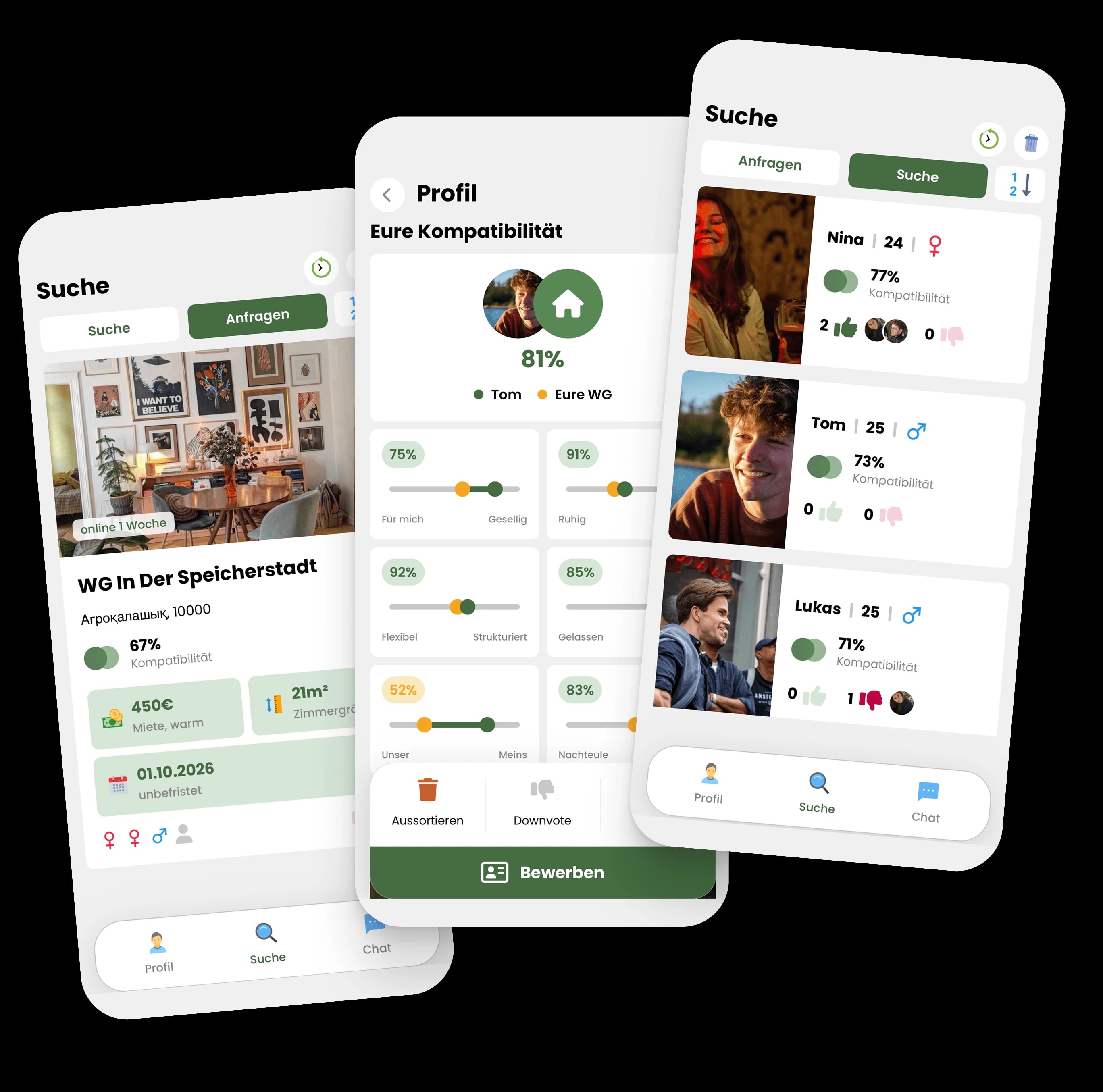 Drei Livo Match App-Ansichten für WG-Profil, Kompatibilität und persönliche Profile